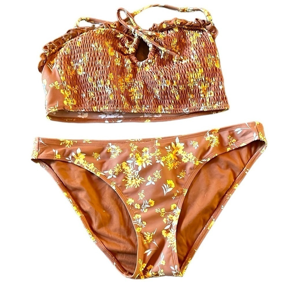 NWT Floral 2 Pc Bikini Set Ruffled Smocked Elastic Top Hipster Bottoms SZ XL